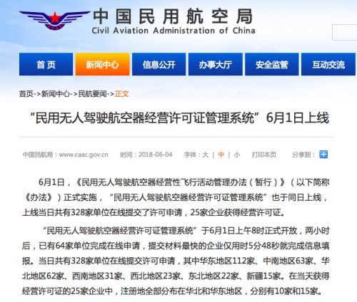 无人机新规上线首日 25家企业获经营许可证