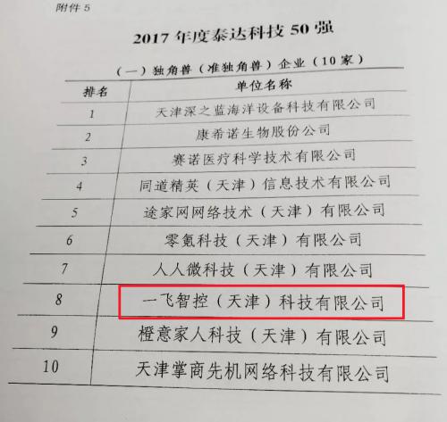 一飞智控荣获“2017年度泰达科技50强”独角兽/准独角兽企业称号
