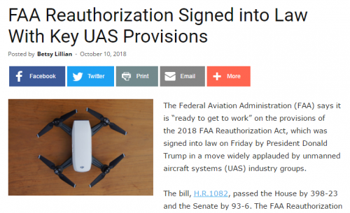 FAA再授权法案获通过 推动无人机融入空域