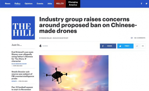 美政府拟禁购中国无人机 行业组织：会损害美国无人机产业发展