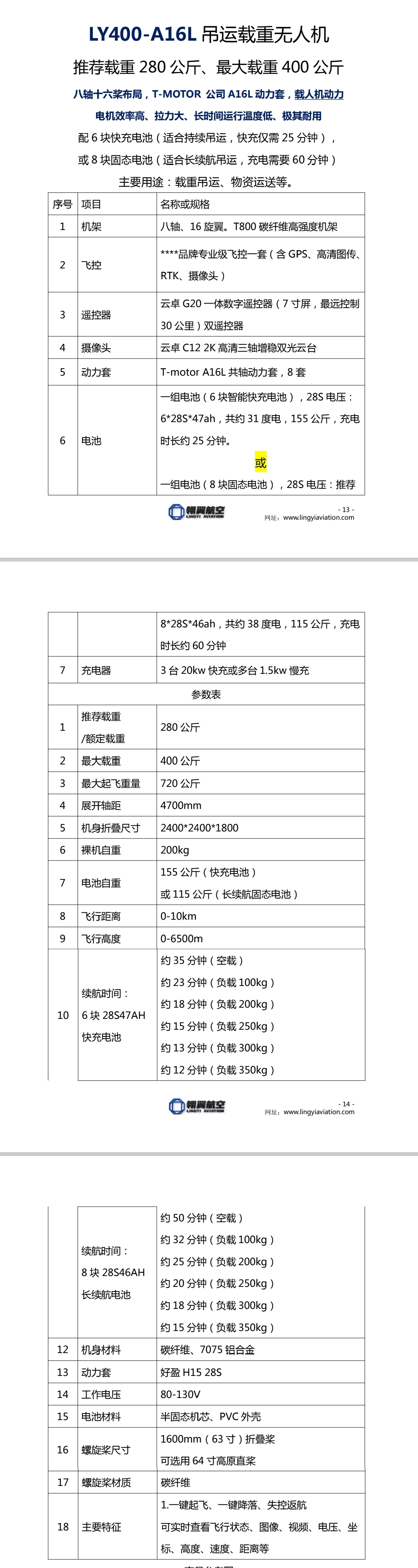 翎翼航空LY400-A16L型280-400公斤载重无人机（T-MOTOR A16L动力）